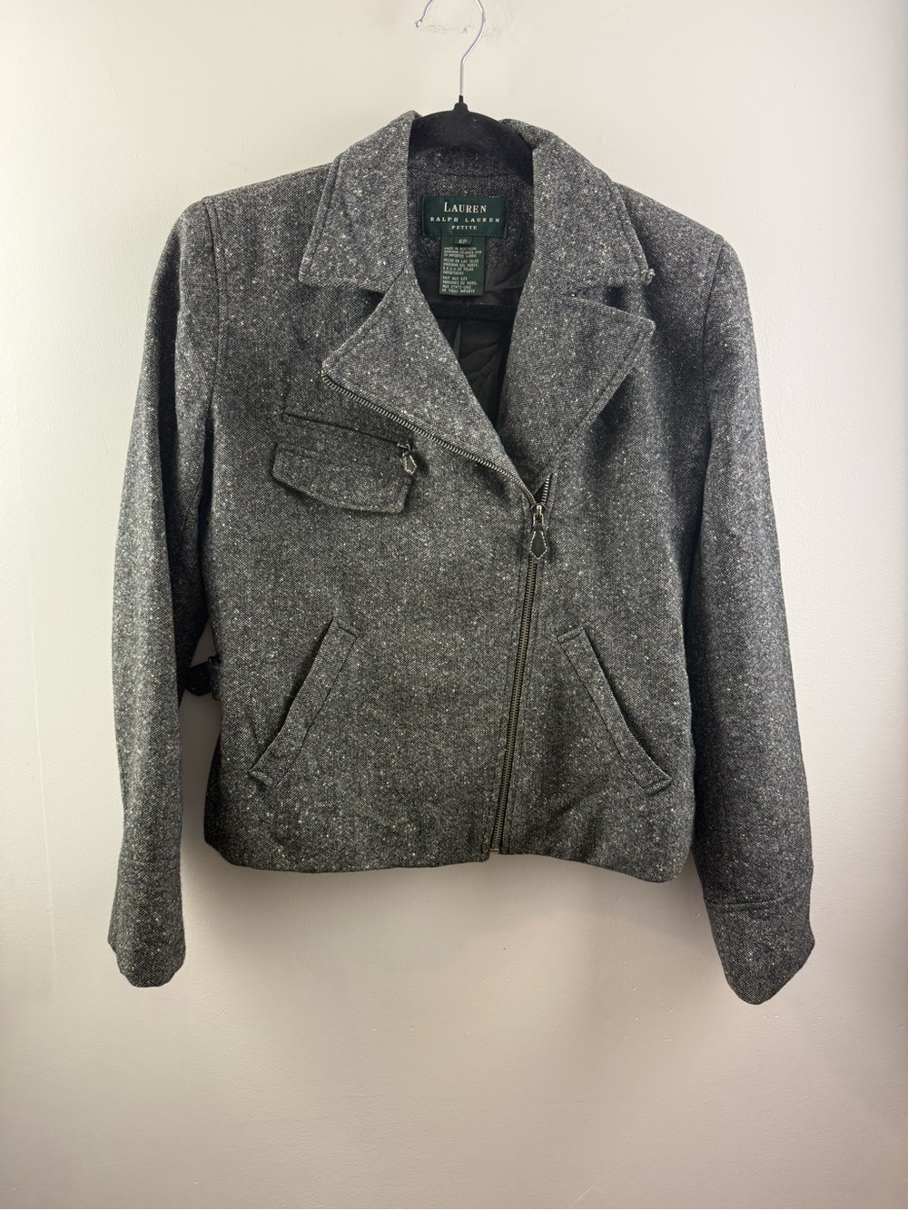 Vintage Lauren Ralph Lauren Lambswool Tweed Asymmetrical Zip Moto Jacket 6P